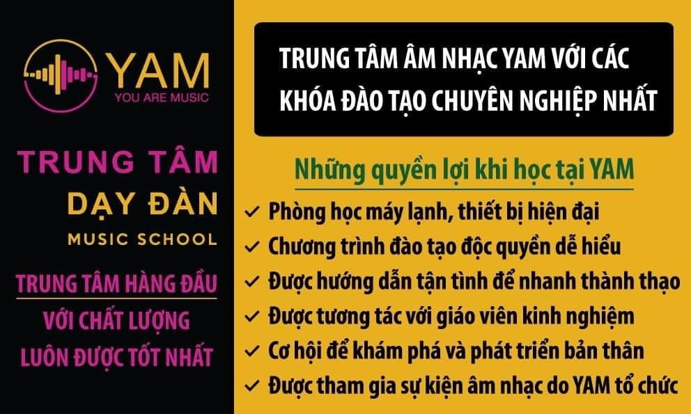 YAM là một trung tâm đào tạo âm nhạc với các chương trình giảng dạy đa dạng. Tại đây, học viên có thể học các môn như piano, guitar, violin và hát. YAM cũng cung cấp các khóa học đặc biệt như phát triển giọng nói, tạo beat và thu âm. Với đội ngũ giáo viên giàu kinh nghiệm và sự hỗ trợ của các thiết bị âm thanh chuyên nghiệp, học viên sẽ được học tập và trau dồi kỹ năng âm nhạc một cách hiệu quả và thú vị.
