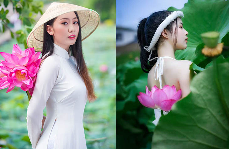 chụp ảnh áo dài với hoa sen tại Huế